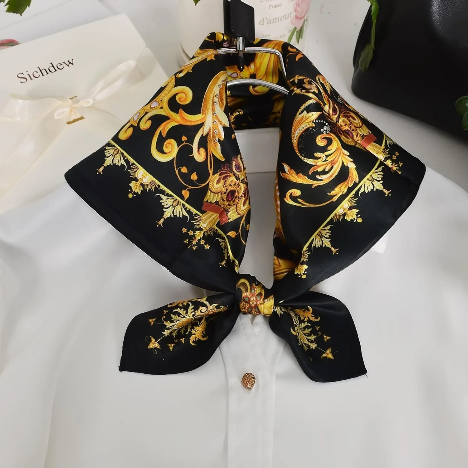 Women 100% Mulberry Silk Neck Scarf Lightweight Digital Print Small Square Scarfs- Neckerchief Gift Packing 21"*21"