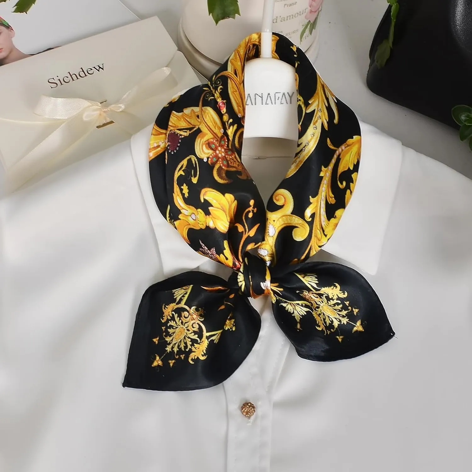 Women 100% Mulberry Silk Neck Scarf Lightweight Digital Print Small Square Scarfs- Neckerchief Gift Packing 21"*21"
