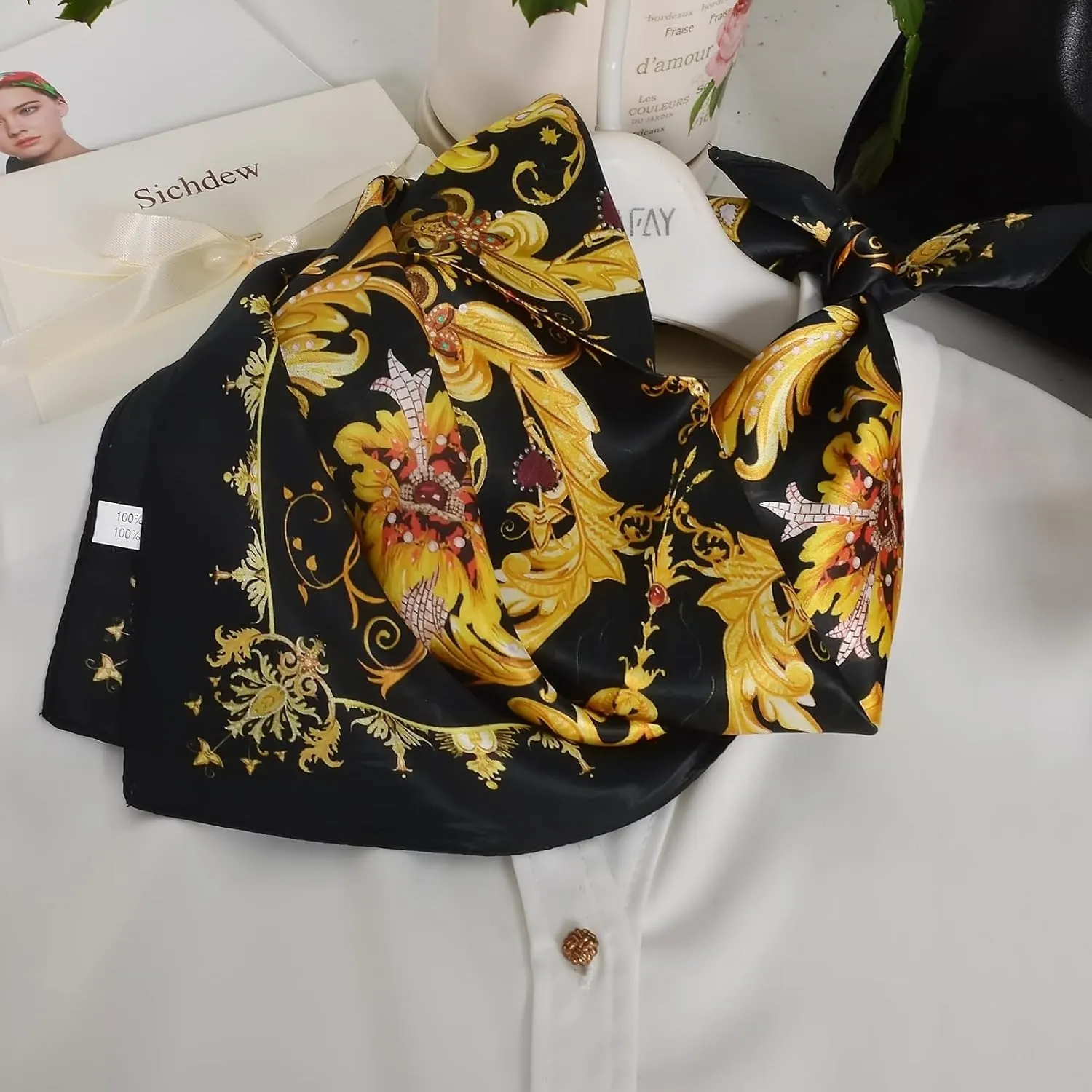 Women 100% Mulberry Silk Neck Scarf Lightweight Digital Print Small Square Scarfs- Neckerchief Gift Packing 21"*21"