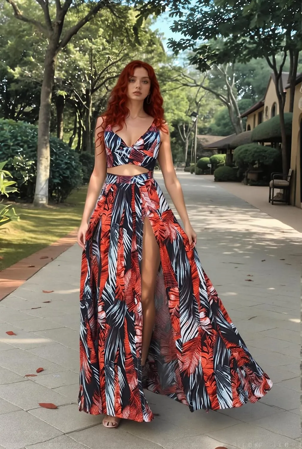 Women Sexy 2 Piece Outfits Dress Chiffon Strap Deep V Neck Bra Crop Top High Split Maxi Dresses Skirt Set