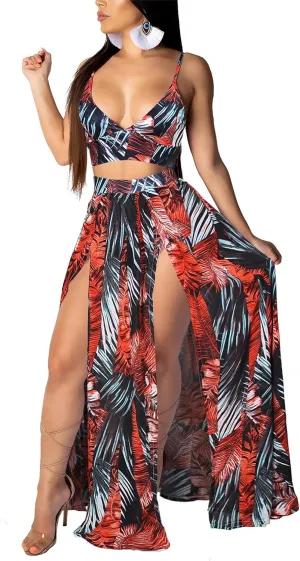 Women Sexy 2 Piece Outfits Dress Chiffon Strap Deep V Neck Bra Crop Top High Split Maxi Dresses Skirt Set