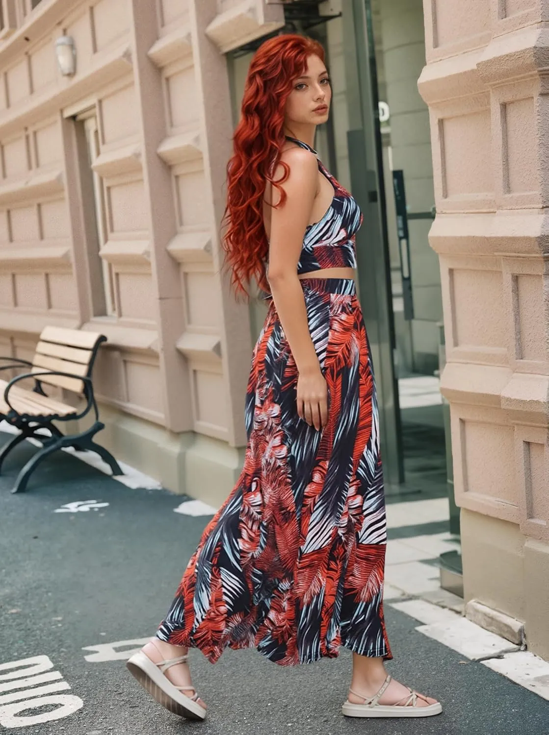 Women Sexy 2 Piece Outfits Dress Chiffon Strap Deep V Neck Bra Crop Top High Split Maxi Dresses Skirt Set