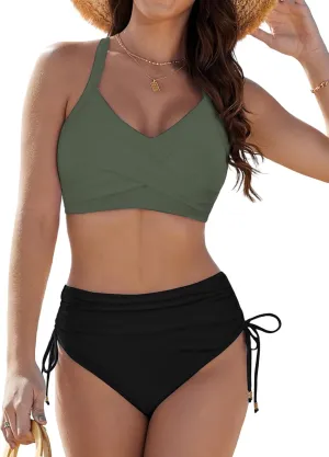 Womens Two Piece High Waisted Bikini Sets Crisscross Tie Back Bathing Suit Drawstring Tummy Control Swimsuits