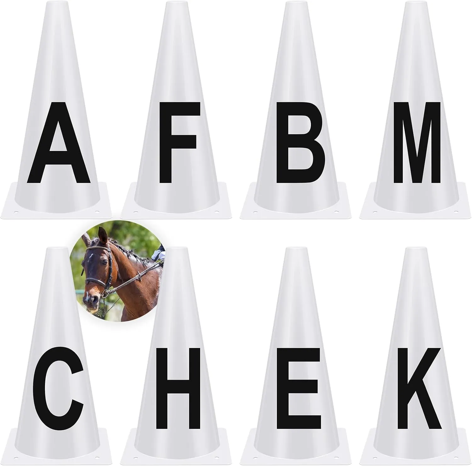 Yexiya 8 Pcs Dressage Cones Plastic Dressage Letters Training Cones Set for Equestrian Athletes and Events Includes A, B, C, E, H, K, F Letters M Letters, White
