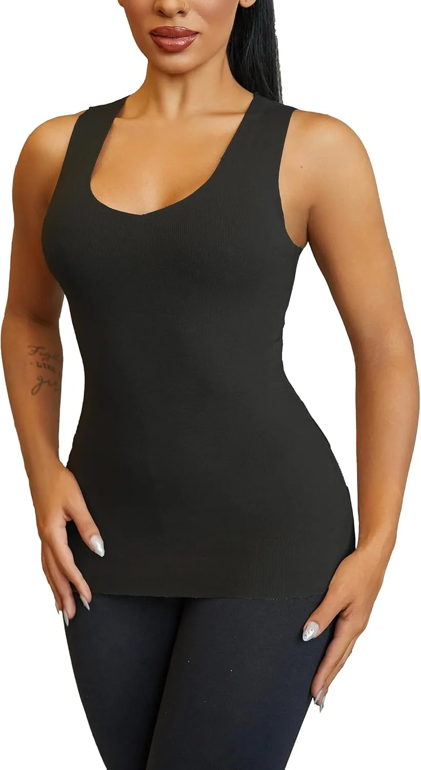 YYA V Neck Basic Tank Tops for Women Thermal Vest Winter Warm Tank-Top Sleeveless Undershirts, S-XXL