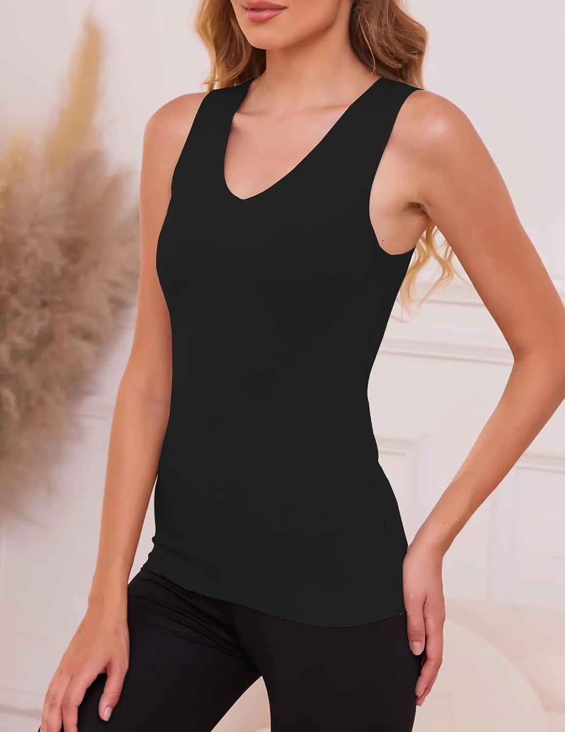 YYA V Neck Basic Tank Tops for Women Thermal Vest Winter Warm Tank-Top Sleeveless Undershirts, S-XXL