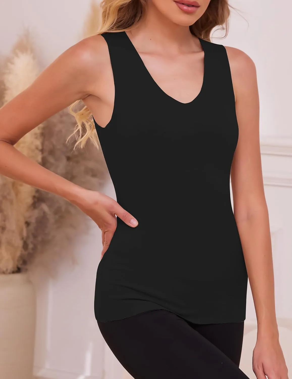 YYA V Neck Basic Tank Tops for Women Thermal Vest Winter Warm Tank-Top Sleeveless Undershirts, S-XXL