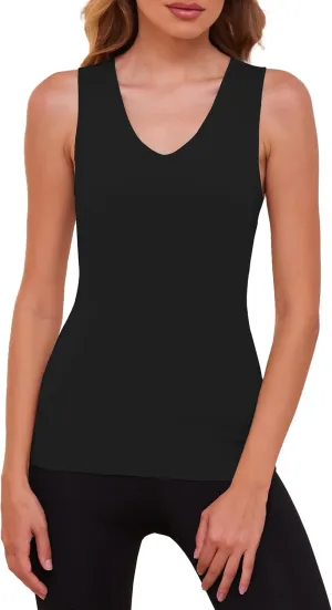 YYA V Neck Basic Tank Tops for Women Thermal Vest Winter Warm Tank-Top Sleeveless Undershirts, S-XXL